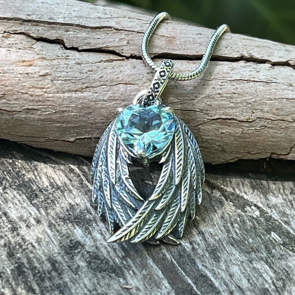 Sterling silver blue topaz‎ angel wing pendant 1242